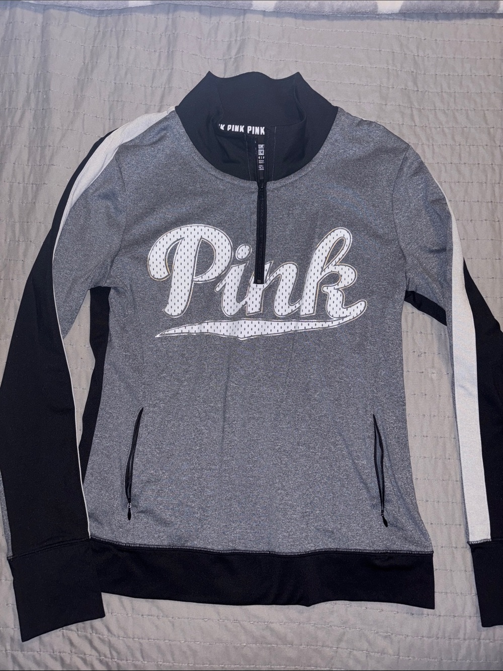 PINK Grey & Black Zip Jacket with White Logo Banding